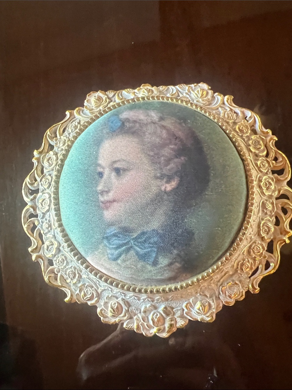 ANTIQUE BRASS GILDED TRINKET BOX WITH PORTRAIT COVER MADE IN JAPAN 3"